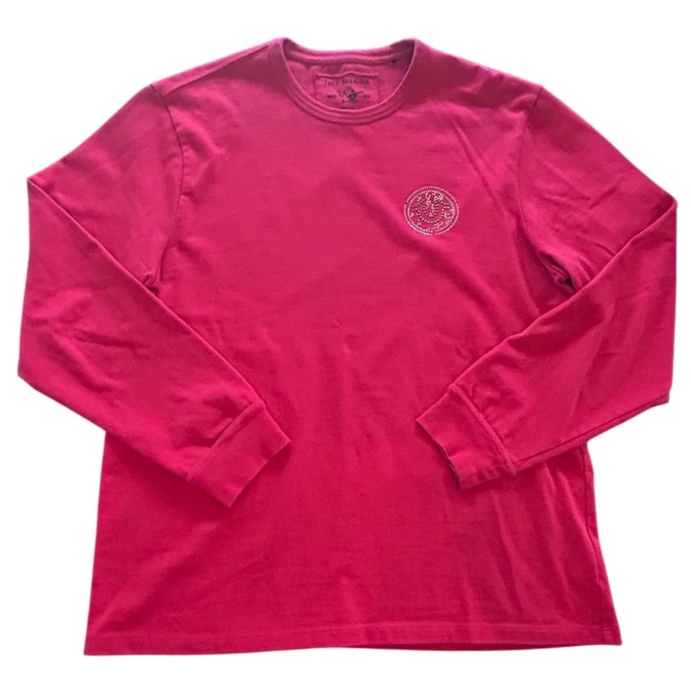 True Religion Varsity Crew Long Sleeve T-Shirt XL Red Rhinestone Logo Streetwear